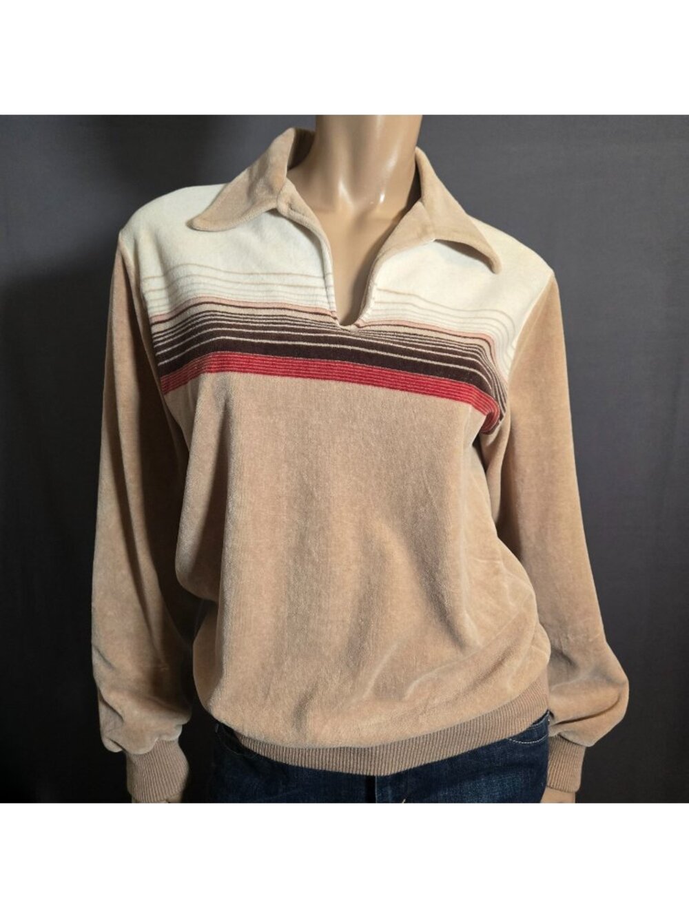 Vintage 70s Beige Striped Velour Pullover Polo Shirt Size L Collared V Neck
